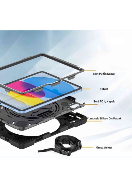 Apple iPad Air 13 M3 Çip 2025 Uyumlu Askılı Defender 360° Dönebilir Standlı Zırh Tablet Kılıfı