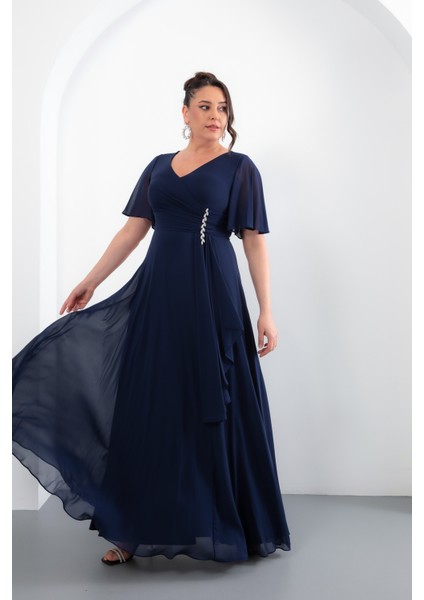 Kadın Lacivert V Yaka Taşlı Büyük Beden Uzun Şifon Abiye Elbise