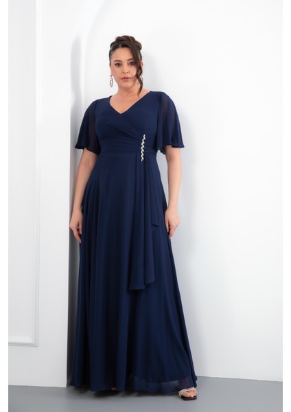 Kadın Lacivert V Yaka Taşlı Büyük Beden Uzun Şifon Abiye Elbise fiyatları