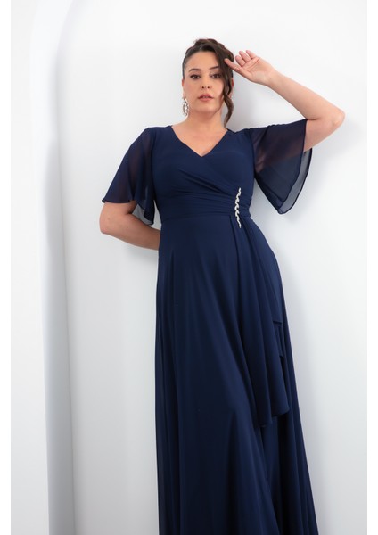 Kadın Lacivert V Yaka Taşlı Büyük Beden Uzun Şifon Abiye Elbise modelleri