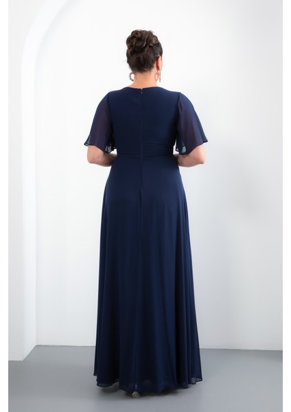 Kadın Lacivert V Yaka Taşlı Büyük Beden Uzun Şifon Abiye Elbise indirimleri