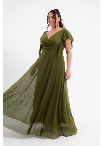 Kadın Haki V Yaka Kısa Kollu Büyük Beden Uzun Abiye Elbise