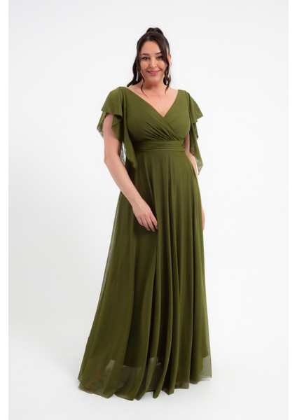 Kadın Haki V Yaka Kısa Kollu Büyük Beden Uzun Abiye Elbise fiyatları