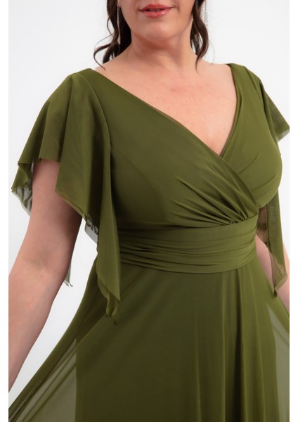 Kadın Haki V Yaka Kısa Kollu Büyük Beden Uzun Abiye Elbise modelleri