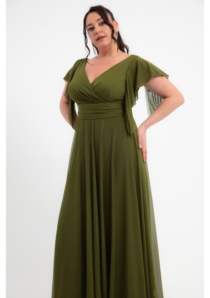 Kadın Haki V Yaka Kısa Kollu Büyük Beden Uzun Abiye Elbise fırsatları