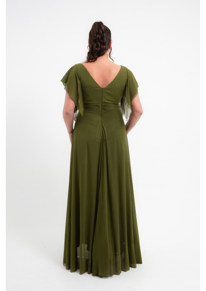 Kadın Haki V Yaka Kısa Kollu Büyük Beden Uzun Abiye Elbise indirimleri