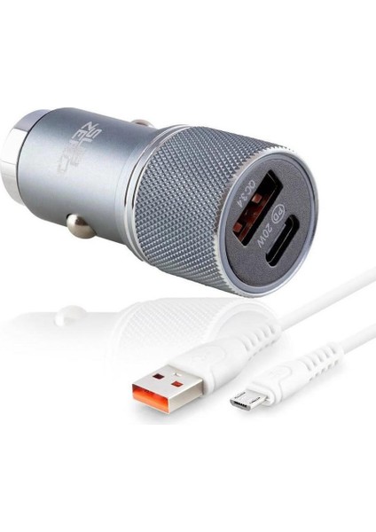 20W 3.4A Hızlı Pd+Usb Çıkışlı Micro Araç Şarj Aleti