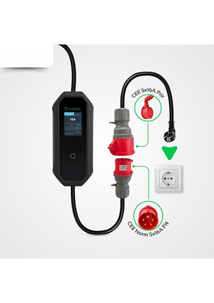 Coswatt Elektrikli Araba Taşınabilir Şarj Cihazı 11 Kw 16A Tip-2 5X16A 8 Metre Kablo (Türkçe Menü)