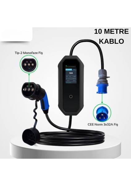 Coswatt Elektrikli Araç Taşınabilir Şarj Istasyonu 7 Kw 32A Tip-2 3X32A Türkçe MENÜ(10METRE Kablolu) modelleri