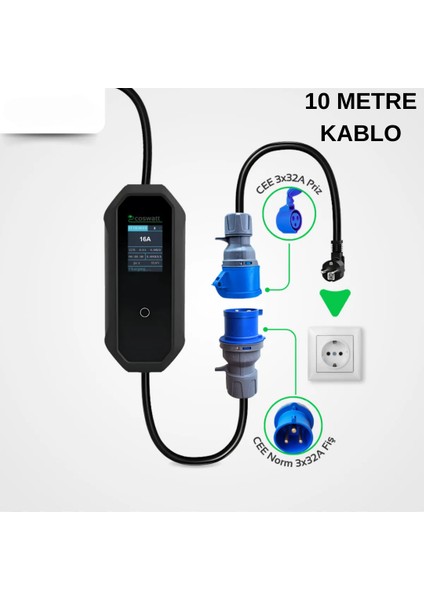Coswatt Elektrikli Araç Taşınabilir Şarj Istasyonu 7 Kw 32A Tip-2 3X32A Türkçe MENÜ(10METRE Kablolu) fırsatları