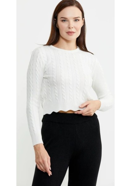 Saç Örgü Dilimli Crop Triko Kazak