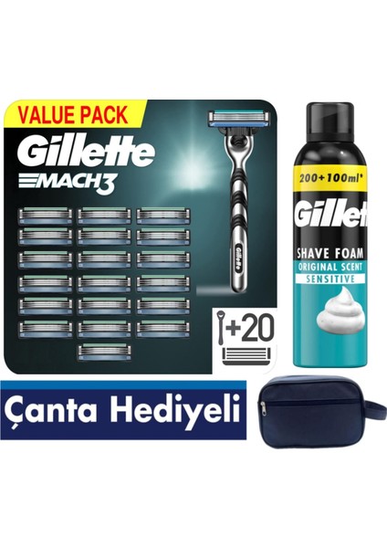 Mach3 Makine + Gillette Mach3 20 Adet Yedek Tıraş Bıçağı + Gillette 300ml Tıraş Köpüğü + Seyahat Çantası