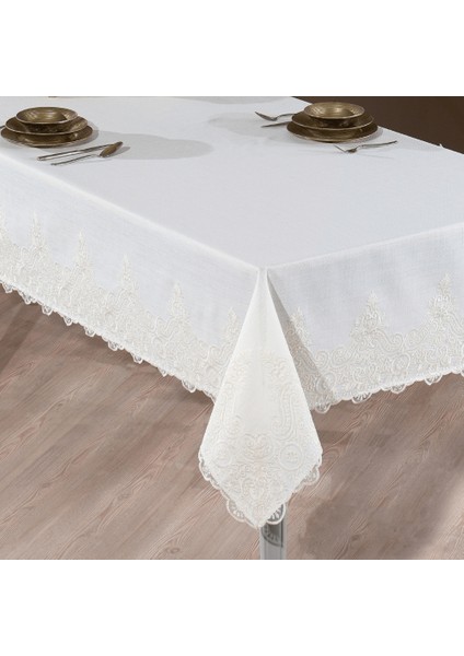 Nysa Linen Kumaş Krem Dantelli Masa Örtüsü