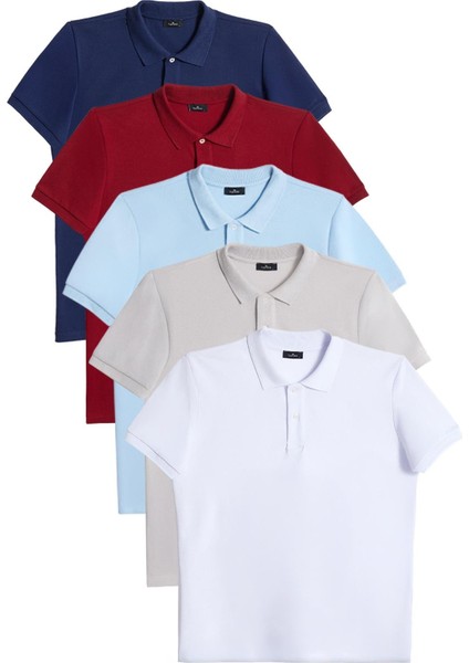 Erkek 5'li Paket Bordo-Gri-Lacivert-Beyaz-Mavi Slim Fit Dar Kesim Pamuklu Düz Pike Polo Yaka Tişört