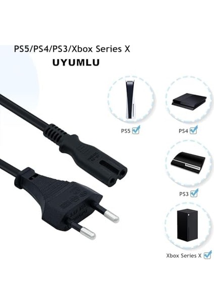 Home Ps3 / Ps4 / Ps5 / Xbox Series S-X Uyumlu Güç Kablosu 1.5 Metre 2pin Güç Kablosu Projeksiyon - Monitör - Tv Universal 2pin Güç Kablosu Teyp Fişi (1)
