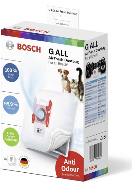 4 x Elektrikli Süpürge Torbası Airfresh Tip G All Bbzafgall,%99,9 Ince Toz Filtreleme, Hayvan Sahipleri Için Ideal,%50 Daha Uzun Kullanım Ömrü, Bsg8 ve Bsn Hariç Tüm Seriler Için