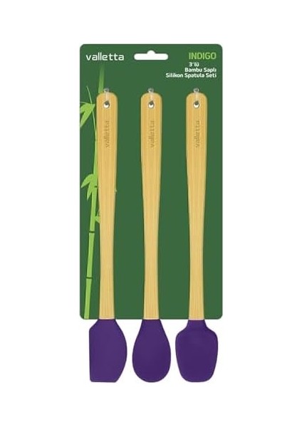 Indigo 3'lü Mor Bambu Silikon Spatula Seti Uzun 26 cm VLT1506