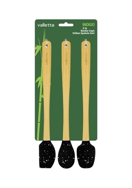 Indigo 3'lü Siyah Noktalı Bambu Silikon Spatula Seti Uzun 26 cm VLT1520