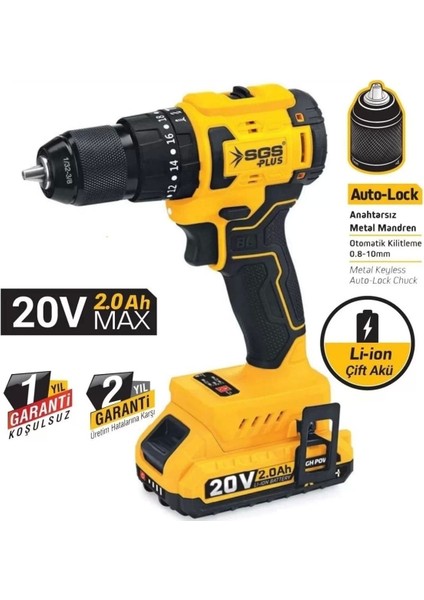 Akülü Darbeli Matkap ve Vidalama 20V 2.0Ah, Anahtarsız Mandren, Güç 1001-1500W
