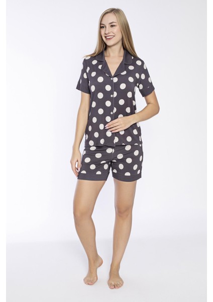 Kadın Kısa Kol Düğmeli Füme Şortlu Pijama Takım C4T4N7O-048