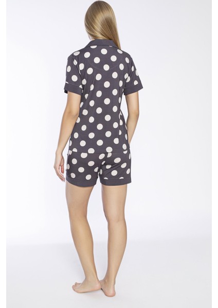 Kadın Kısa Kol Düğmeli Füme Şortlu Pijama Takım C4T4N7O-048