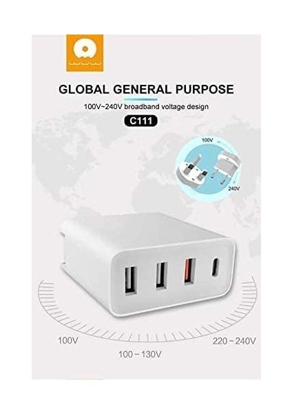 C111 Ev Hızlı Şarj Aleti 48W Pd 4 Bağlantı Noktası - 1 Tip-C ve 3 USB 3.0A 5V/9V/12V
