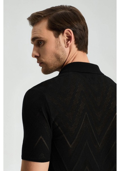 Zigzag Desenli Siyah Giza Pamuk Triko Polo