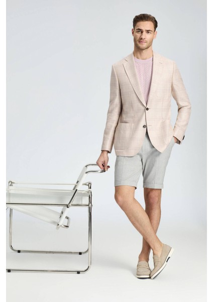 İpek-Yün Karışım Ekose Desen Gül Kurusu Blazer Ceket