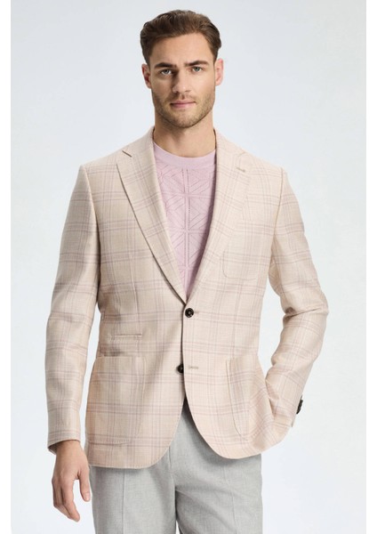 İpek-Yün Karışım Ekose Desen Gül Kurusu Blazer Ceket fiyatları