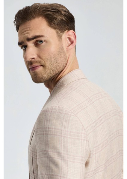 İpek-Yün Karışım Ekose Desen Gül Kurusu Blazer Ceket fırsatları