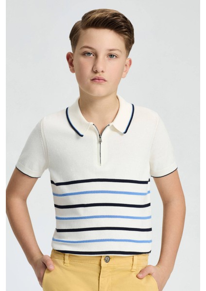 Fermuar Detaylı Çizgi Desen Saf Pamuk Çocuk Triko Polo