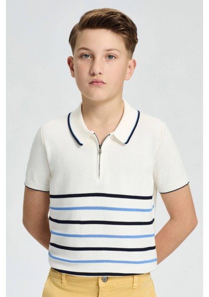 Fermuar Detaylı Çizgi Desen Saf Pamuk Çocuk Triko Polo fırsatları