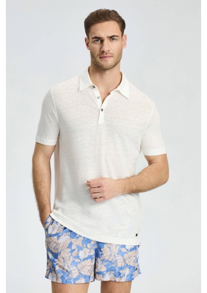 Saf Keten Beyaz Polo Yaka T-Shirt
