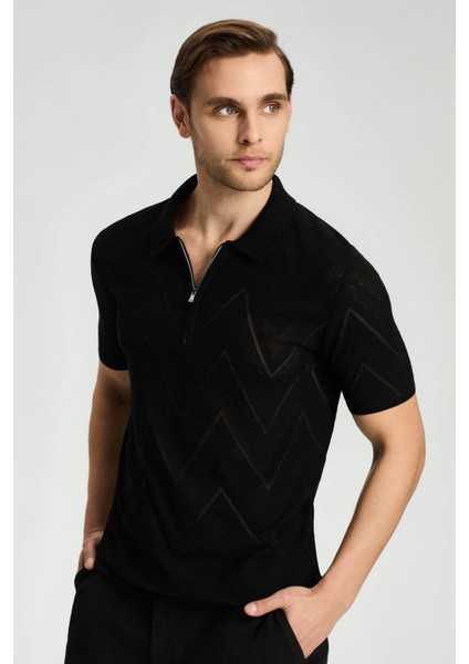 Zigzag Desen Siyah Giza Pamuk Triko Polo