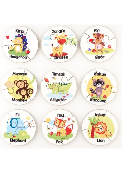 3'lü Ahşap Puzzle 9'lu Set İngilizce Türkçe Orman ve Hayvan Temalı 27 Parça