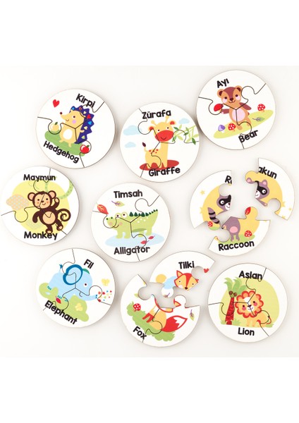 3'lü Ahşap Puzzle 9'lu Set İngilizce Türkçe Orman ve Hayvan Temalı 27 Parça modelleri