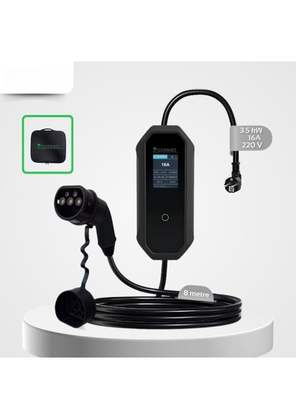 Taşınabilir Elektrikli Araç Şarj Cihazı 16A 3,5kw Monofaze 8 Metre Kablo (Türkçe Menü) YERLİ ÜRETİM