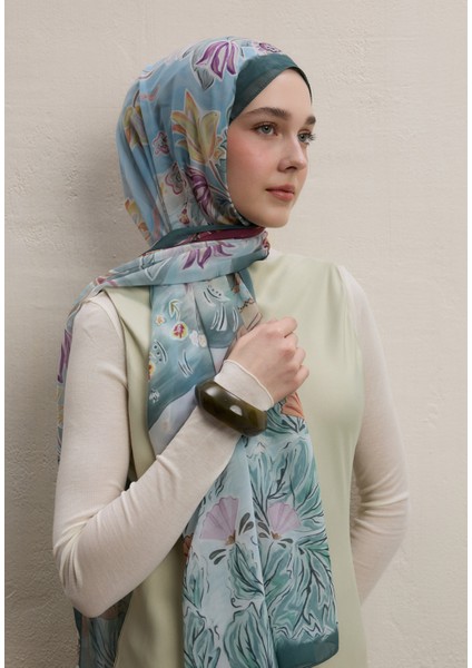 Flower Dreams Desen Ipek Krep Şal Mint