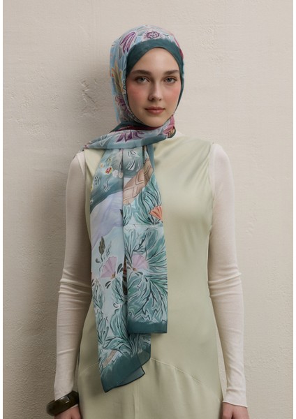 Flower Dreams Desen Ipek Krep Şal Mint