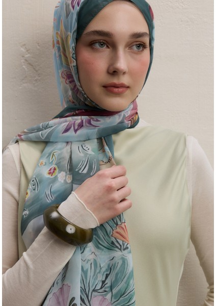 Flower Dreams Desen Ipek Krep Şal Mint