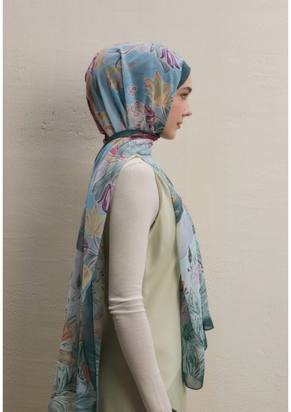 Flower Dreams Desen Ipek Krep Şal Mint