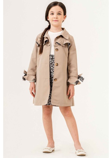 Leopar Desenli Trençkotlu Kız Çocuk Elbiseli takım - Bej