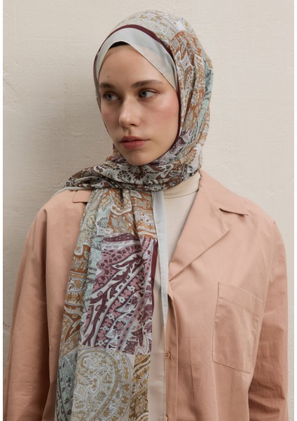 Paısley Patch Desen Ipek Krep Şal Toprak