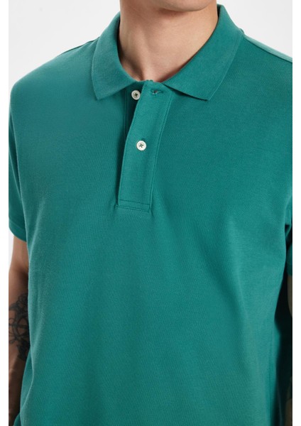 Erkek Slim Fit Dar Kesim %100 Pamuk Yeşil Yaka Tişört fırsatları