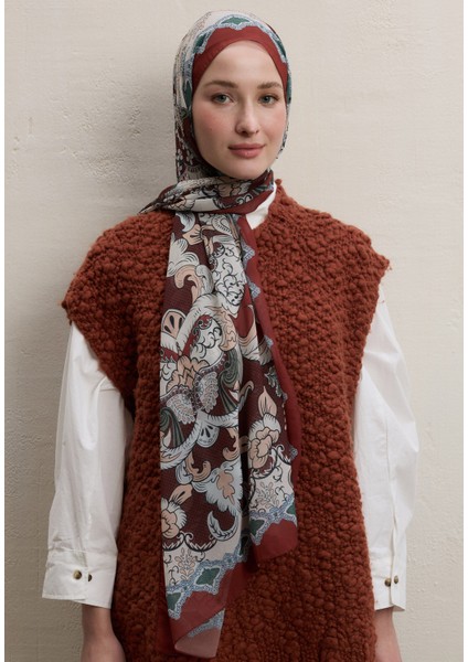 Poppıes Desen Ipek Krep Şal Kiremit