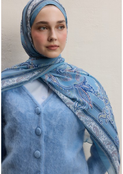 Luna Desen Ipek Krep Şal Pastel Mavi