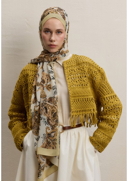 Wıld Flora Desen Ipek Şifon Şal Hardal