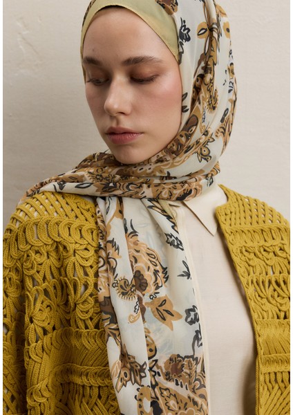 Wıld Flora Desen Ipek Şifon Şal Hardal modelleri