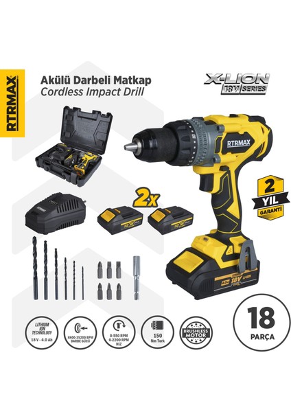 RTX3020 Şarjlı Darbeli Matkap Kömürsüz 150 Nm 2x4 Ah Plus Çift Akü Hızlı Şarj X-Lion - Akü Dahil