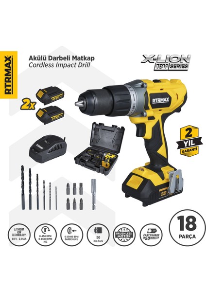 RTX1820 Şarjlı Darbeli Matkap 50 Nm 2x2 Ah Çift Akü X-Lion - Akü Dahil